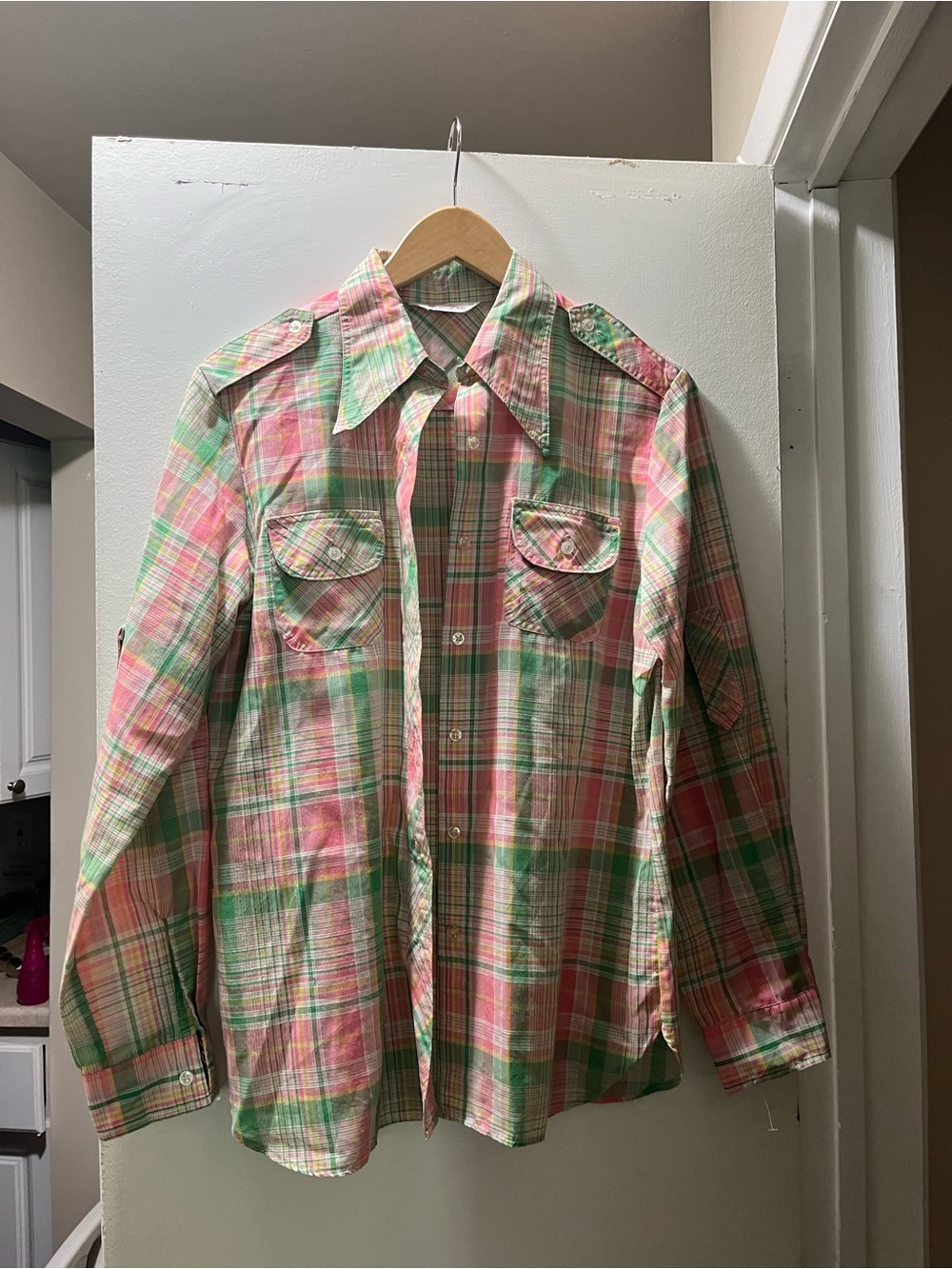 Wrangler Pink, Green & Yellow Plaid Button-Up Shirt